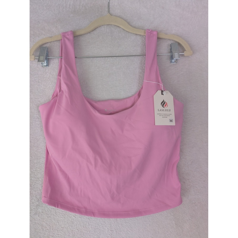 NEW LASLULU Tank Top Women's M Pink Built-in Bra Scoop Neck Cropped Athletic